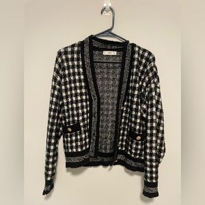 Women’s Mango Black & White Checkered Knit Cardigan Gold Sweater Top size XS